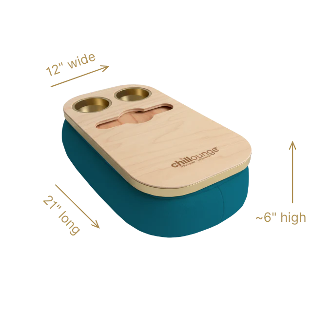 Blue and beige pet travel carrier with dimensions labeled on a white chillounge Premium Portable Traybackground
