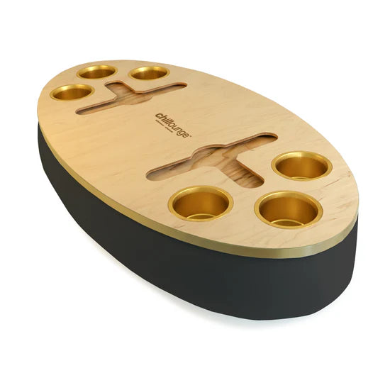 Premium Portable Tray with 6 Cup Holders, Wine holder with chillounge branding. Black and Gold Trim.