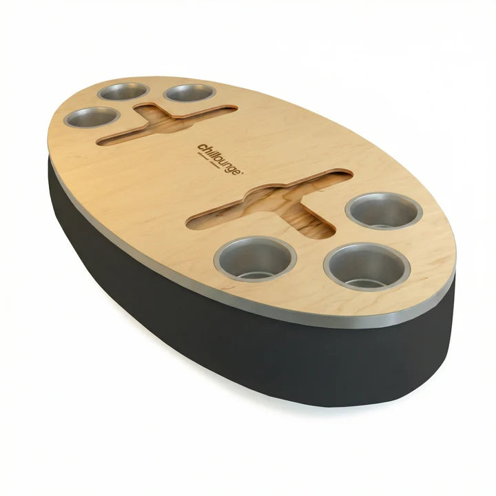 Premium Portable Tray with 6 Cup Holders, Wine holder with chillounge branding. Black and Silver.