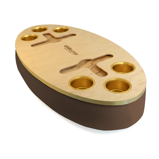 Premium Portable Tray with 6 Cup Holders, Wine holder with chillounge branding. Brown and Gold Trim.