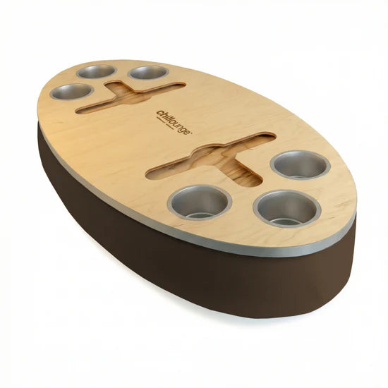 Premium Portable Tray with 6 Cup Holders, Wine holder with chillounge branding. Brown and Silver.