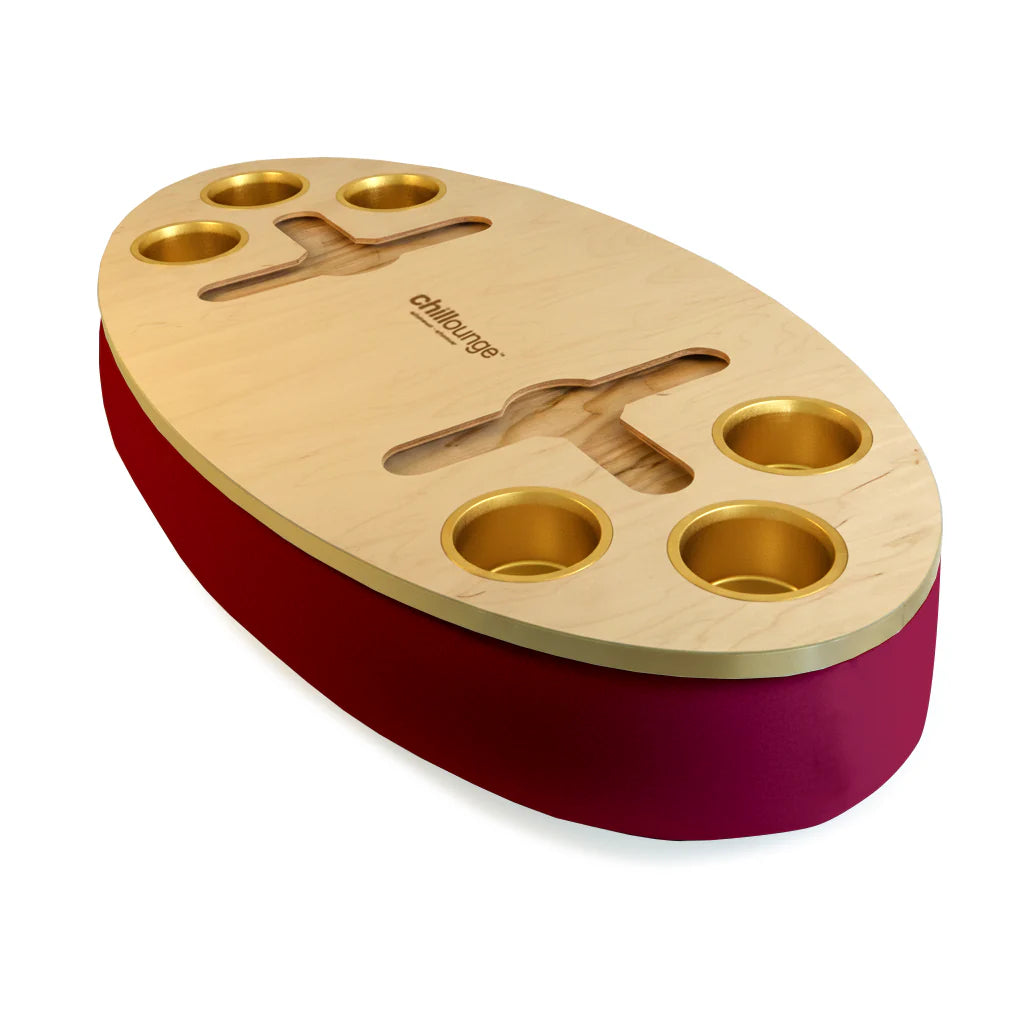 Premium Portable Tray with 6 Cup Holders, Wine holder with chillounge branding. Burgundy and Gold Trim.