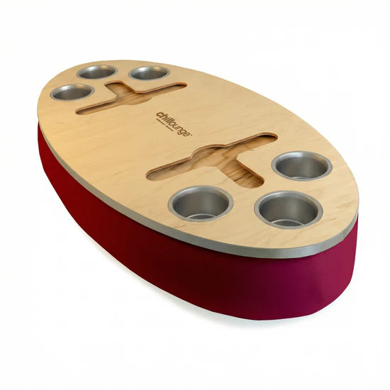 Premium Portable Tray with 6 Cup Holders, Wine holder with chillounge branding. Burgundy and Silver.