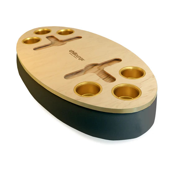 Premium Portable Tray with 6 Cup Holders, Wine holder with chillounge branding. Charcoal and Gold Trim.