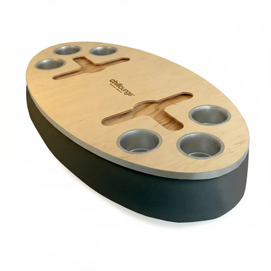 Premium Portable Tray with 6 Cup Holders, Wine holder with chillounge branding. Charcoal and Silver.