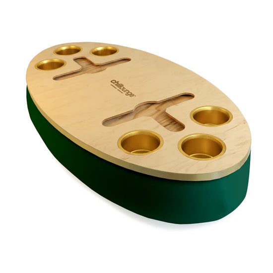 Premium Portable Tray with 6 Cup Holders, Wine holder with chillounge branding. Forest Green and Gold Trim.