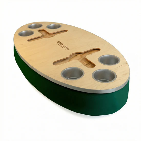Premium Portable Tray with 6 Cup Holders, Wine holder with chillounge branding. Forest Green and Silver.