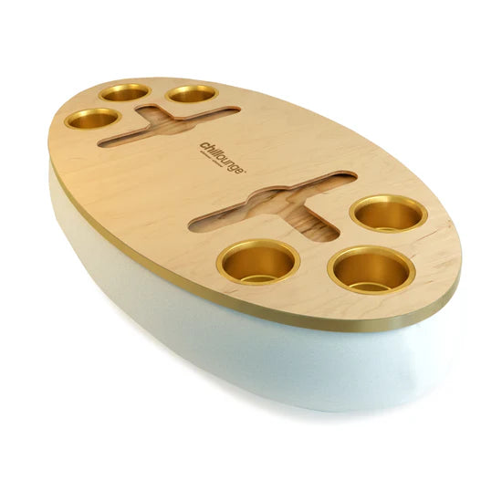 Premium Portable Tray with 6 Cup Holders, Wine holder with chillounge branding. Ivory White and Gold Trim.