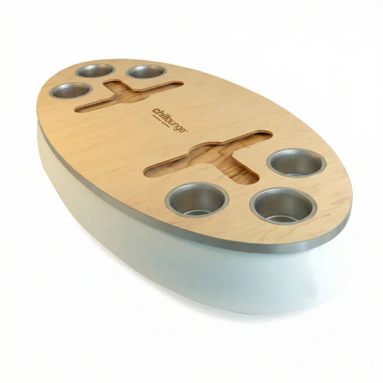 Premium Portable Tray with 6 Cup Holders, Wine holder with chillounge branding. Ivory White and Silver.