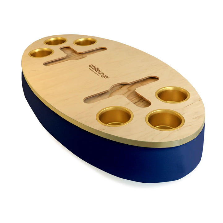 Premium Portable Tray with 6 Cup Holders, Wine holder with chillounge branding. Navy Blue and Gold Trim.