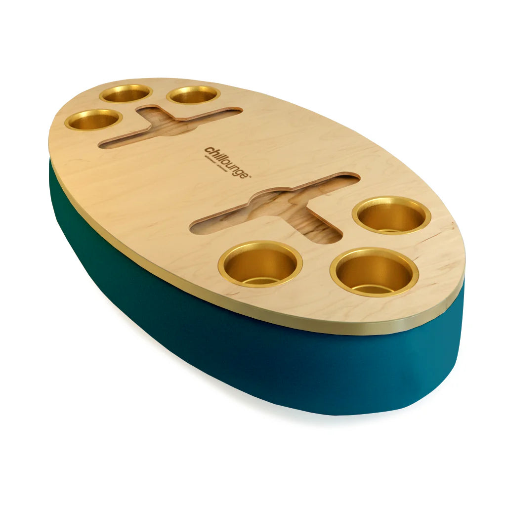 Premium Portable Tray with 6 Cup Holders, Wine holder with chillounge branding. Teal and Gold Trim.