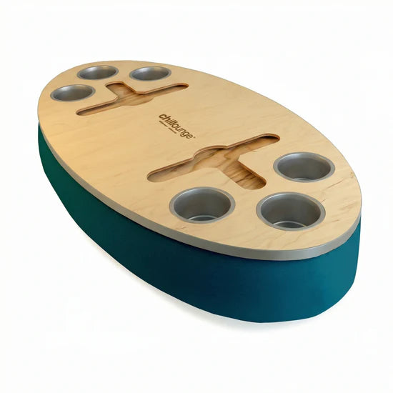 Premium Portable Tray with 6 Cup Holders, Wine holder with chillounge branding. Teal and Silver.