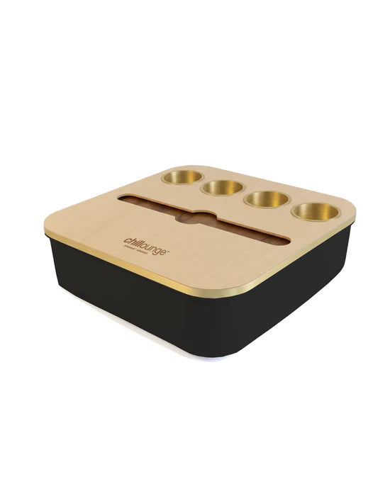 Premium Portable Tray with 4 Cup Holders, Wine holders with chillounge branding. Black and Gold Trim.