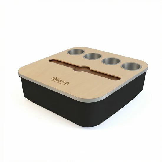 Premium Portable Tray with 4 Cup Holders, Wine holder with chillounge branding. Black and Silver.
