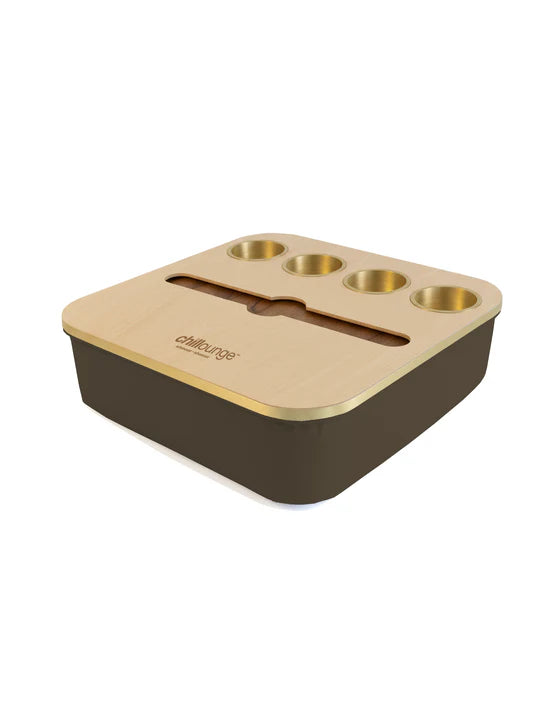 Premium Portable Tray with 4 Cup Holders, Wine holders with chillounge branding. Brown and Gold Trim.