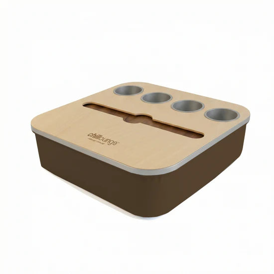 Premium Portable Tray with 4 Cup Holders, Wine holder with chillounge branding. Brown and Silver.