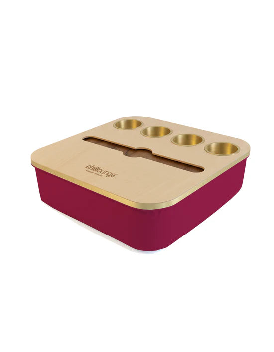 Premium Portable Tray with 4 Cup Holders, Wine holders with chillounge branding. Burgundy and Gold Trim.
