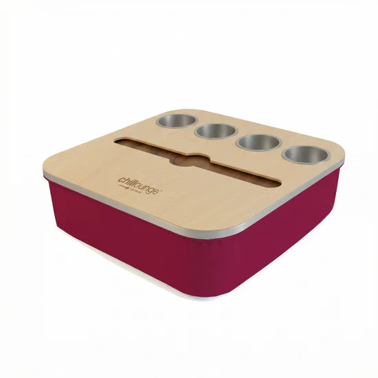 Premium Portable Tray with 4 Cup Holders, Wine holder with chillounge branding. Burgundy and Silver.