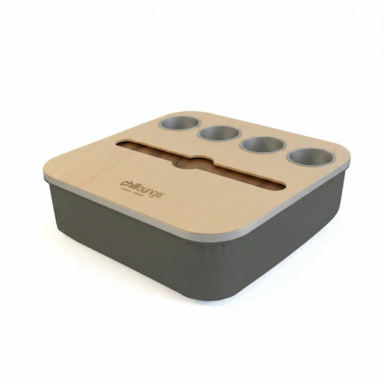 Premium Portable Tray with 4 Cup Holders, Wine holder with chillounge branding. Charcoal and Silver.
