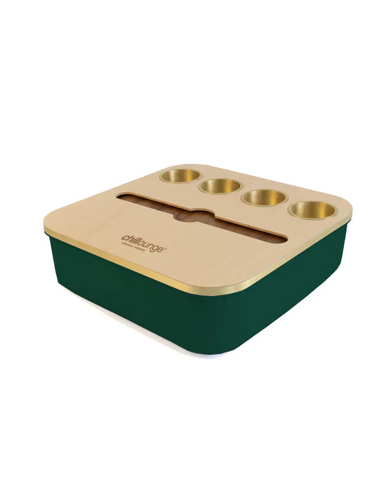 Premium Portable Tray with 4 Cup Holders, Wine holders with chillounge branding. Forest and Gold Trim.