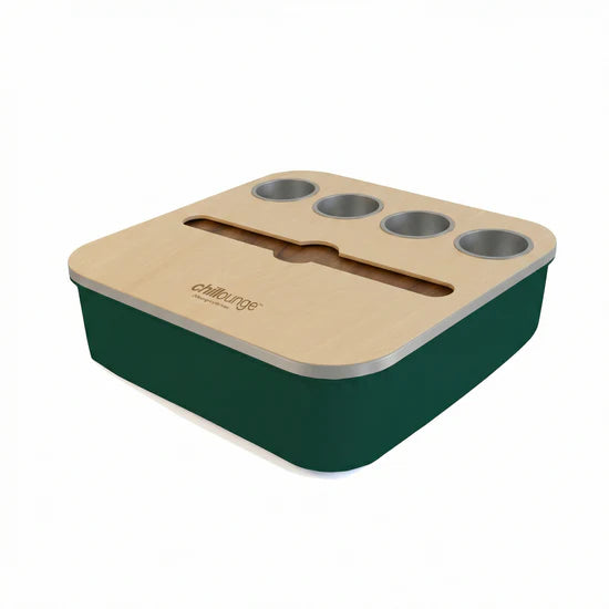 Premium Portable Tray with 4 Cup Holders, Wine holder with chillounge branding. Forest Green and Silver.