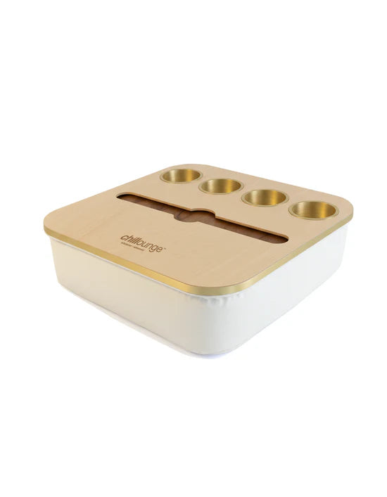 White and gold snack container with ' Chill lounge' branding on a white background