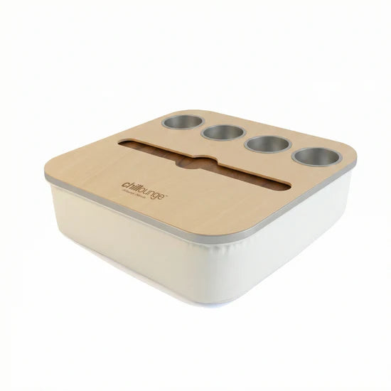 Premium Portable Tray with 4 Cup Holders, Wine holder with chillounge branding. Ivory White and Silver.