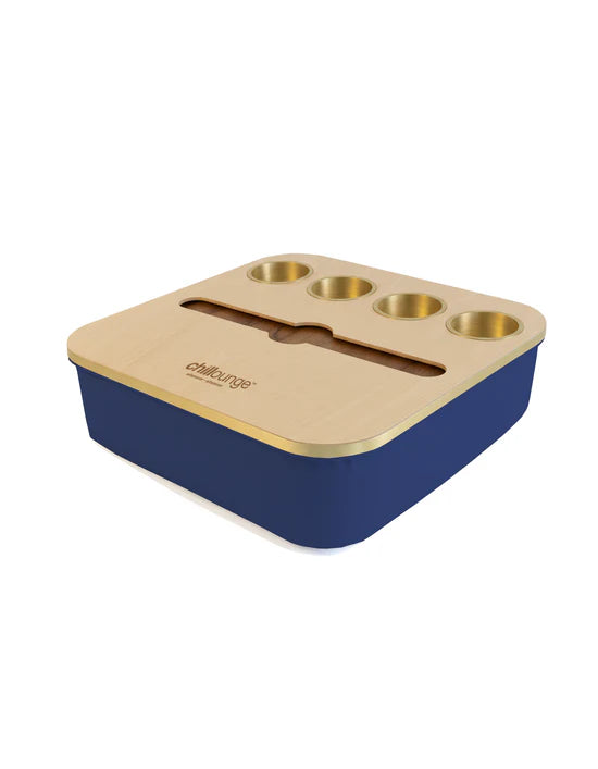 Premium Portable Tray with 4 Cup Holders, Wine holders with chillounge branding. Navy Blue and Gold Trim.