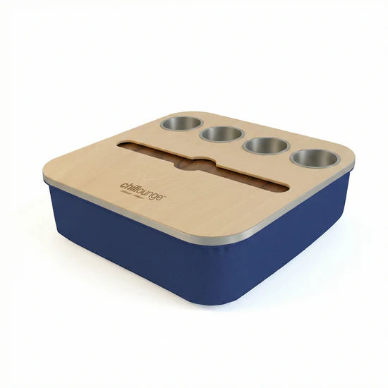 Premium Portable Tray with 4 Cup Holders, Wine holder with chillounge branding. Navy Blue and Silver.
