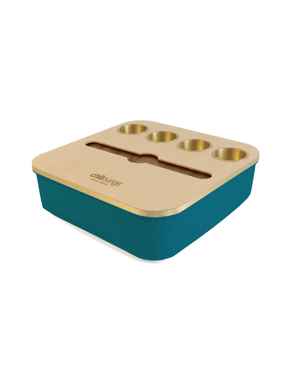 Premium Portable Tray with 4 Cup Holders, Wine holders with chillounge branding. Teal and Gold Trim.