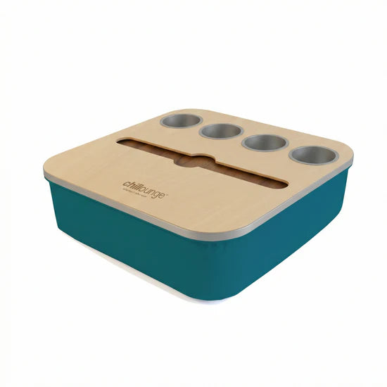 Premium Portable Tray with 4 Cup Holders, Wine holder with chillounge branding. Teal and Silver.