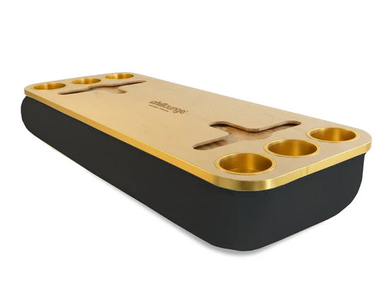 Premium Portable Tray with 6 Cup Holders, Wine holders with chillounge branding. Black and Gold Trim.