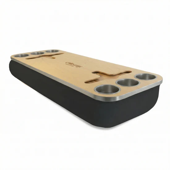 Premium Portable Tray with 6 Cup Holders, Wine holder with chillounge branding. Velvet Black and Silver.