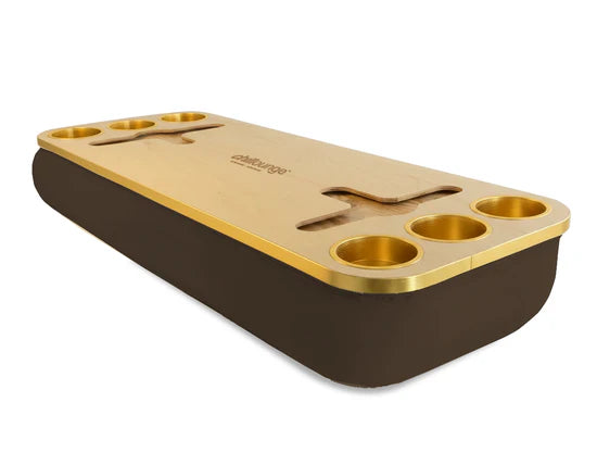 Premium Portable Tray with 6 Cup Holders, Wine holders with chillounge branding. Brown and Gold Trim.