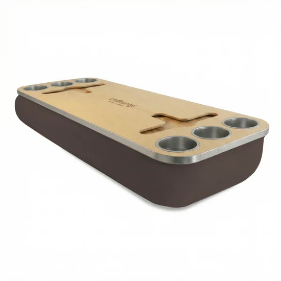 Premium Portable Tray with 6 Cup Holders, Wine holder with chillounge branding. Brown and Silver.