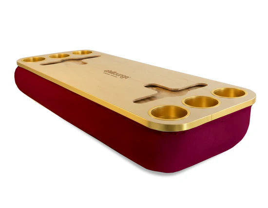 Premium Portable Tray with 6 Cup Holders, Wine holders with chillounge branding. Burgundy and Gold Trim.