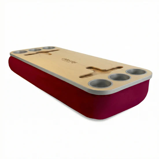 Premium Portable Tray with 6 Cup Holders, Wine holder with chillounge branding. Burgundy and Silver.