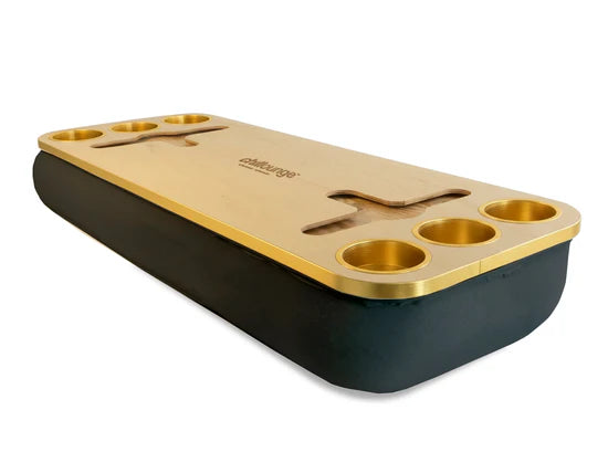 Premium Portable Tray with 6 Cup Holders, Wine holders with chillounge branding. Charcoal and Gold Trim.