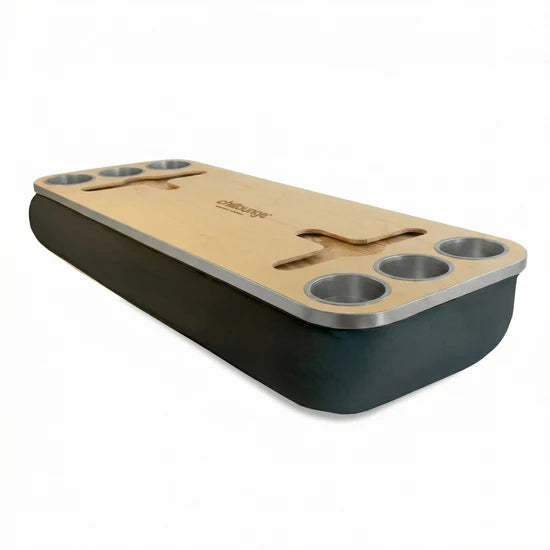 Premium Portable Tray with 6 Cup Holders, Wine holder with chillounge branding. Charcoal and Silver.