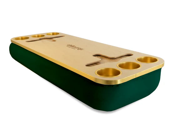 Premium Portable Tray with 6 Cup Holders, Wine holders with chillounge branding. Forest Green and Gold Trim.