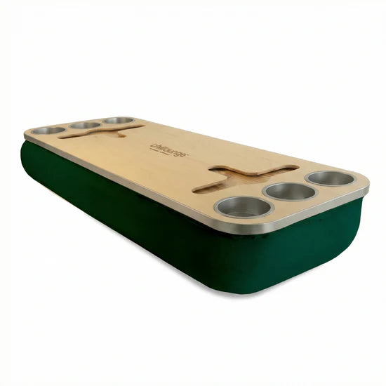 Premium Portable Tray with 6 Cup Holders, Wine holder with chillounge branding. Forest Green and Silver.