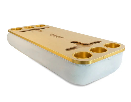 Premium Portable Tray with 6 Cup Holders, Wine holders with chillounge branding. Ivory White and Gold Trim.