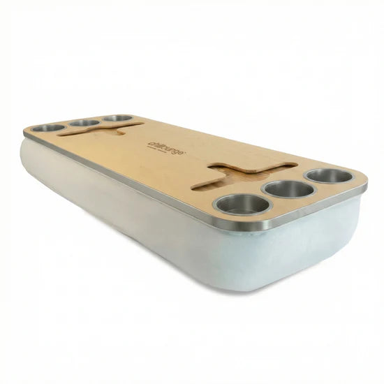 Premium Portable Tray with 6 Cup Holders, Wine holder with chillounge branding. White and Silver.