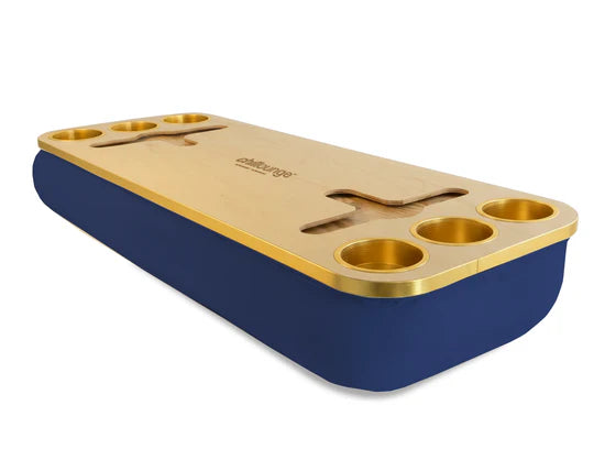 Premium Portable Tray with 6 Cup Holders, Wine holders with chillounge branding. Navy Blue and Gold Trim.
