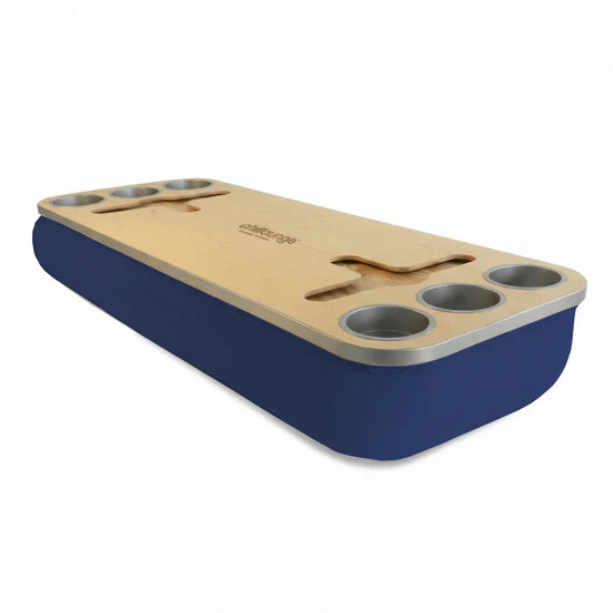 Premium Portable Tray with 6 Cup Holders, Wine holder with chillounge branding. Navy Blue and Silver.