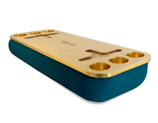 Premium Portable Tray with 6 Cup Holders, Wine holders with chillounge branding. Teal and Gold Trim.