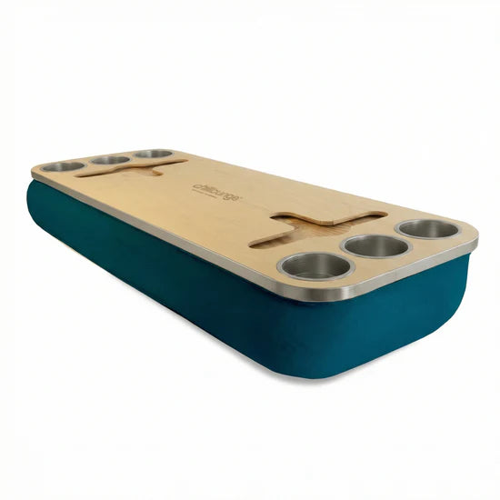 Premium Portable Tray with 6 Cup Holders, Wine holder with chillounge branding. Teal and Silver.