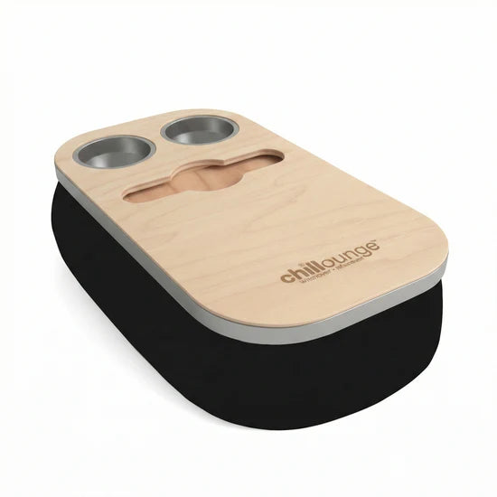 Wooden drink holder with two cup holders and a bottle opener on a white background, branded 'chilllounge'.