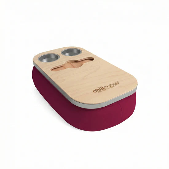 Red and Beige Cup and Wine Bottle Holder Tray with chillounge branding.