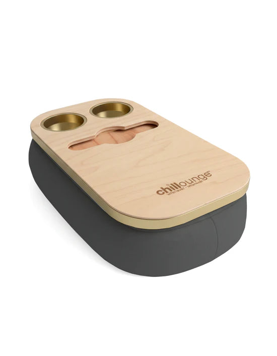 Premium Portable Tray with 2 Cup Holders, Wine holder with chillounge branding. Charcoal and Gold Trim.